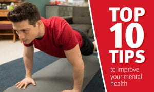 A guy in a red t-shirt is doing a plank exercise. Next to him is a red rectangle advertising tips to improve mental health. 