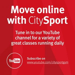 A red square advertising CitySport's Youtube classes. 