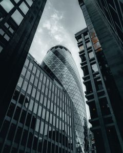 A photograph showing the Gherkin building the in the City of London 