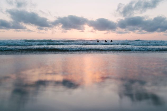Three surfers in the water at sun set