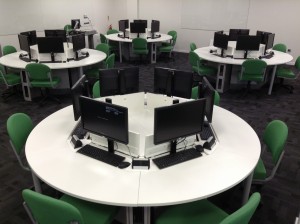 R201 is a computer room round tables, containing pop-up PCs.