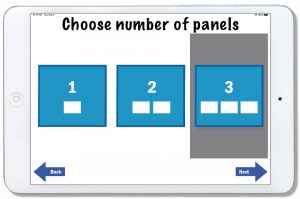 iPad screenshot: central row of 3 blue boxes, numbered 1-3, L-R. Box 3 is framed in grey to show it has been selected. Title text at top of screen: “Choose number of panels”