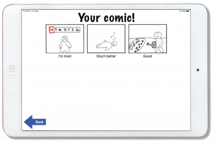 iPad screenshot: one row of comic-style images – presented as a three panel comic strip. Short captions are shown beneath each image. Title text at top of screen: “Your comic!”