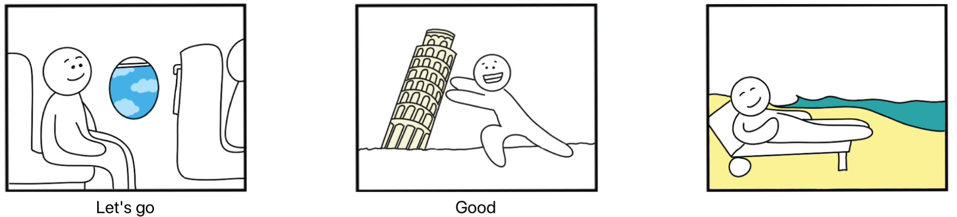 Three panel stick figure comic strip. Panel 1: person seated on a plane above the caption “lets go”. Panel 2: person pictured next to leaning tower of Pisa above the caption “Good”. Panel 3: person laid on a sun-lounger at the beach. Panel 3 has no caption.