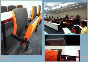 Collaborative-style lecture theatre seating (swivel seating):