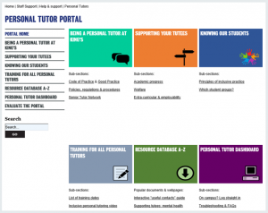 Screen shot of the homepage of the personal tutor portal at King's College, London. Shows the simple design and how everything is grouped into one place.