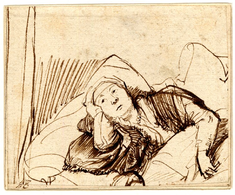 A pencil drawing by Rembrandt of a woman lying awake in bed (Circa 1635-1640).