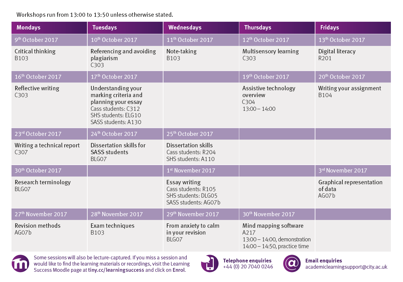 Schedule for the LEaD study skills workshops in Term 1
