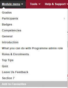 Module menu on Moodle opened with Add to Favourites selected