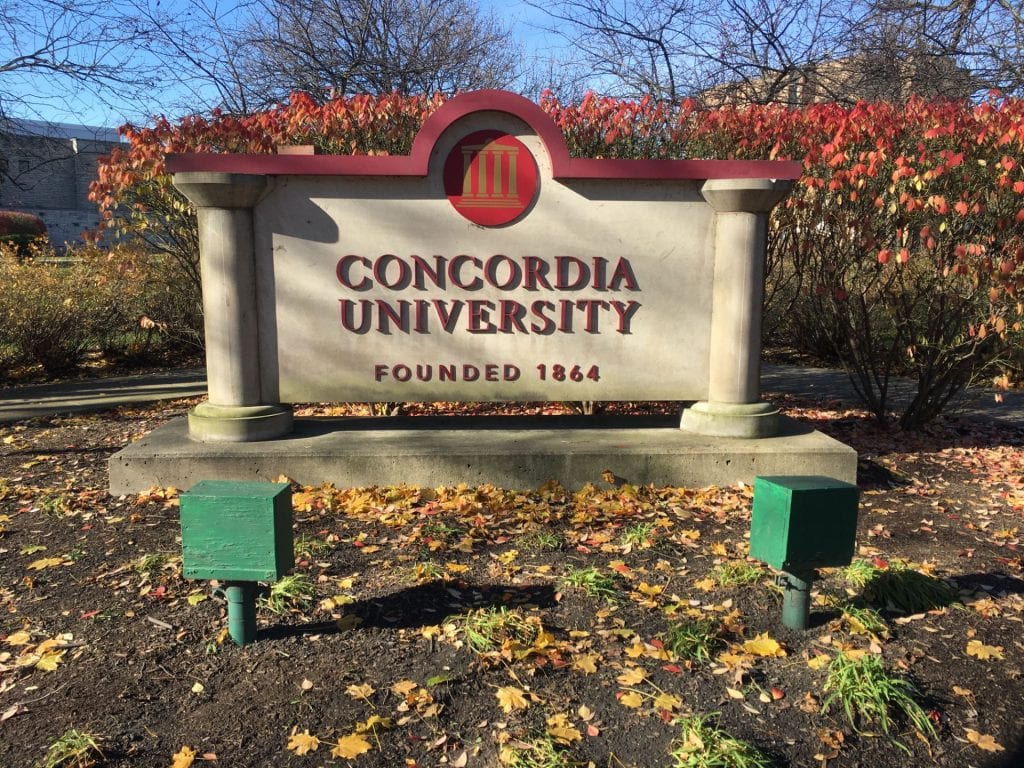 Sign for Concordia University, Chicago, during the fall