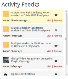 Moodle activity feed showing latest notifications for students of updates in modules