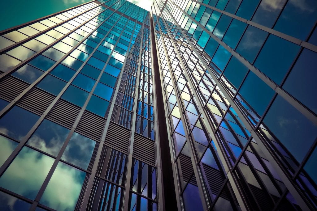 Low angle view of glass office block