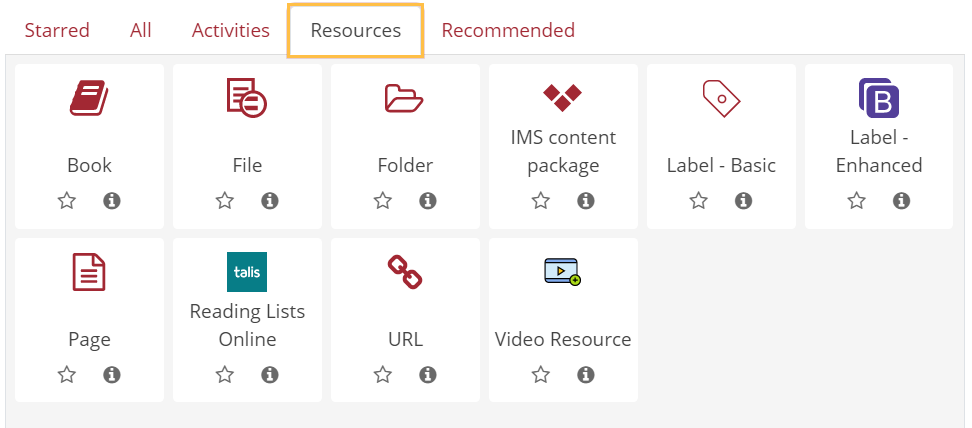 Activity chooser with resources tab highlighted showing available resource types on Moodle including Video Resource