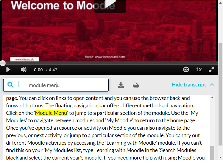 Module menu in search field and related text highlighted in transcript for Welcome to Moodle video
