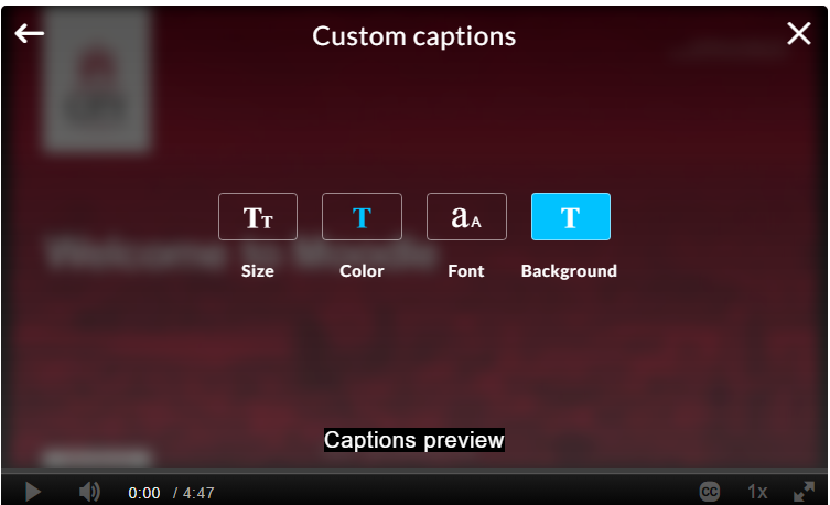 Caption options opened displaying links to change text, colour, font and background