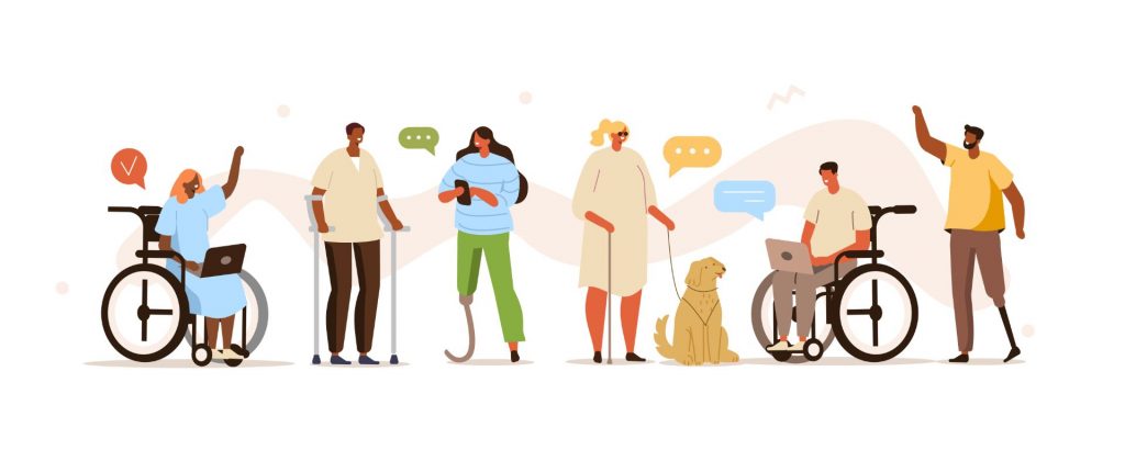 illustration of six disabled people next to each other, one with a guide dog, two have their hand raised, two wheelchair users on laptops and on their phone. Most have online chat icons above them to demonstrate interaction