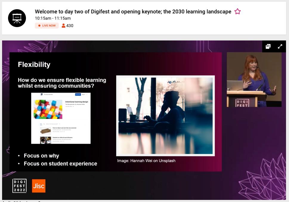 Screenshot of slide from Dr Sarah Jones's keynote presentation at Jisc's Digifest '22 event. Shows a composite slide titled 'Flexibility', with an image about intentional learning design, a photo of a young person sitting alone at a laptop, and a still of Dr Jones herself at the keynote stage.
