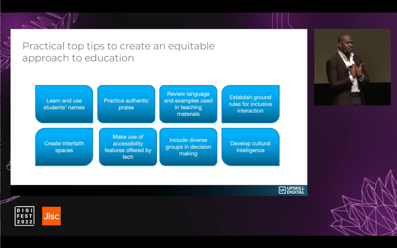 Screenshot from Gori Yahaya's presetnation at Digifest about creating equitable approaches to education. Includes eight tips for doing so.