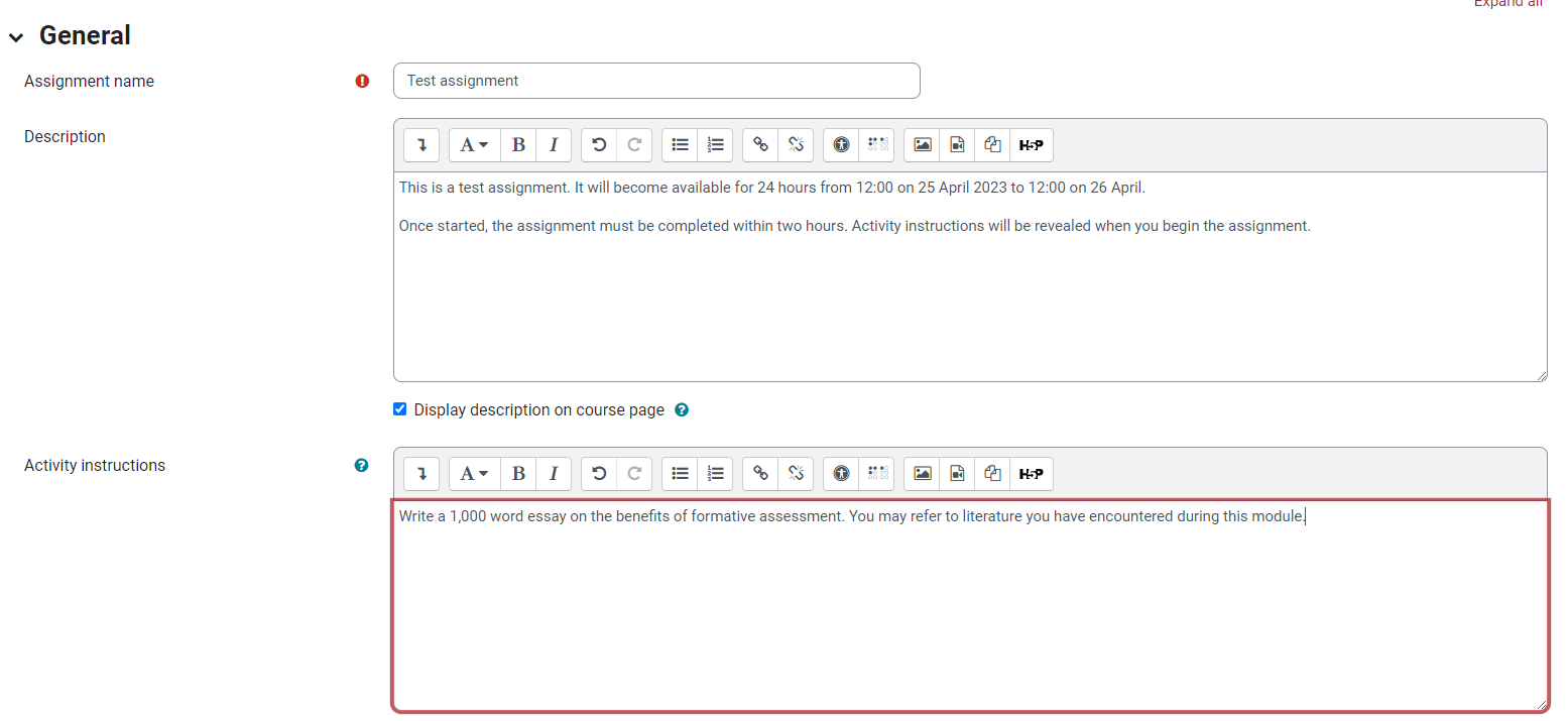This is a screenshot of Moodle 4's activity instructions setting. It shows a blank box for activity instructions appears below blank boxes for assignment name and description when instructors are creating a Moodle assignment. 