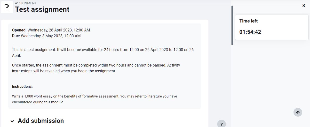 This is a screenshot of Moodle 4's timed assessment setting. It shows the assignment instructions and timer that students will see when they select 'Begin assignment' on a timed assignment.