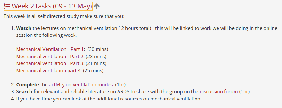 Example of a task list on Moodle for critical care module