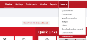 More Menu expanded in Contextual Navigation menu in Moodle 4 with Module Reuse option selected