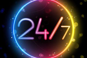 "24/7" in a multicoloured circle.