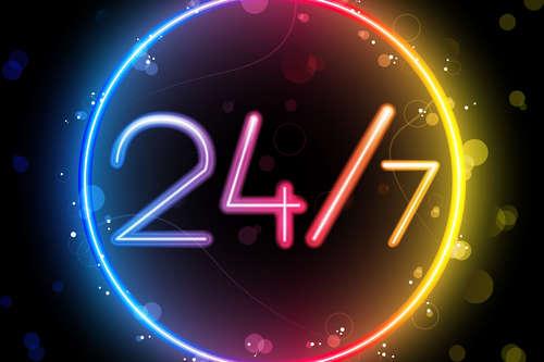 "24/7" written in neon colours.