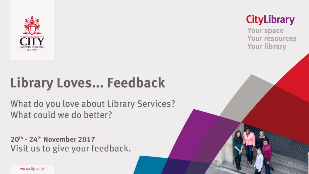 Branded Library Loves Feedback poster with dates in November