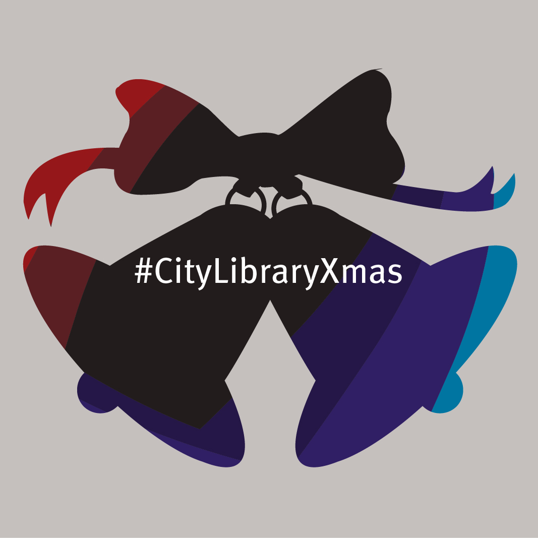 Graphic of bells with #CityLibraryChristmas.