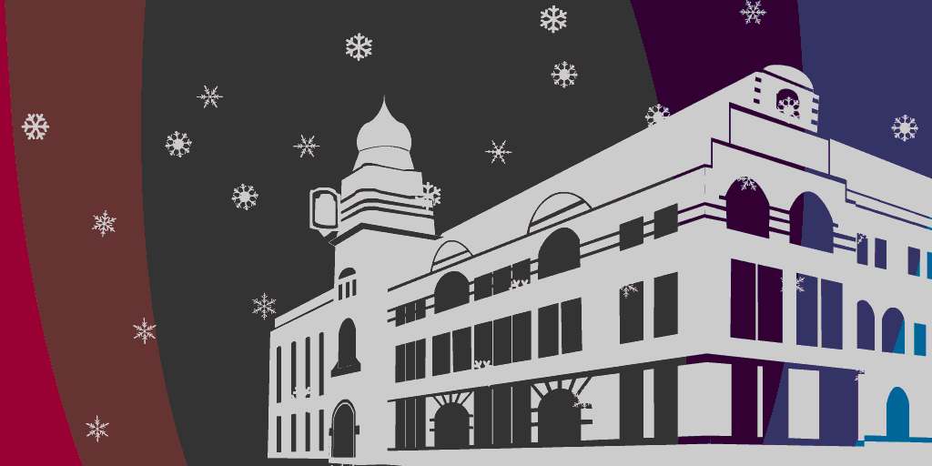 GIF of College Building and snow falling in black & white.