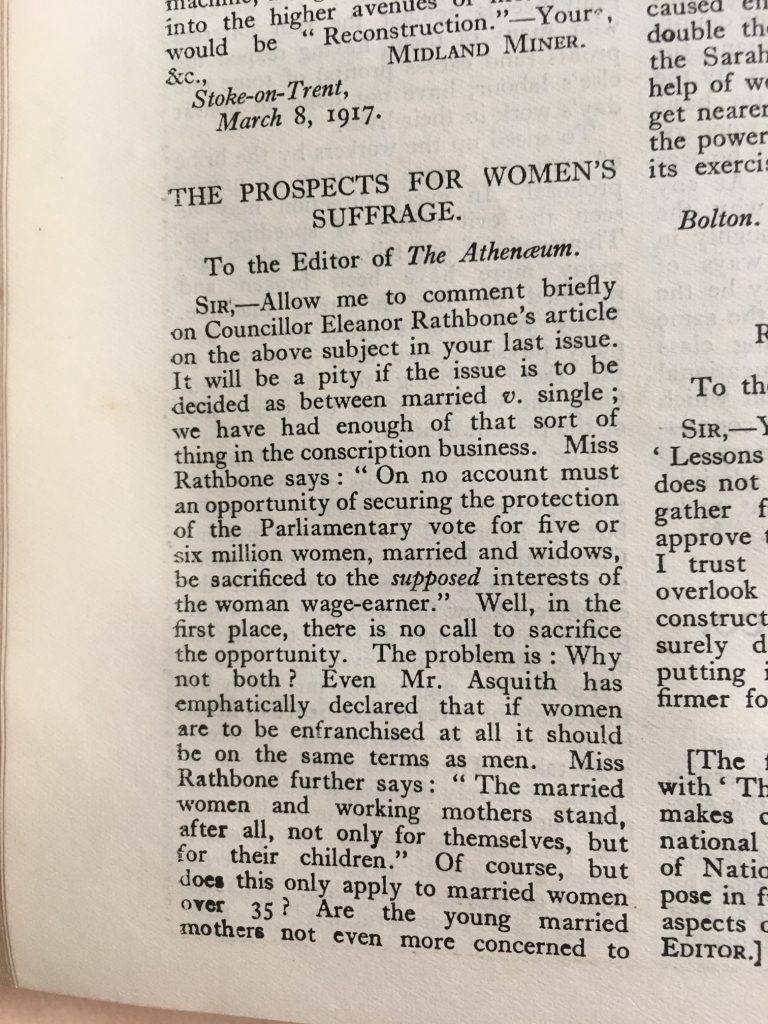 Image of the letter 'The Prospects for Women's Suffrage'.
