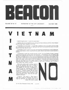 Black and white front cover of The Beacon, May 1968, featuring the headline 'Vietnam No'