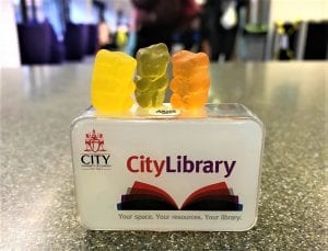 3 jelly bears working in a group outside the Library at Northampton Square