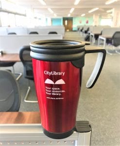 Image of red CityLibrary reusable mug