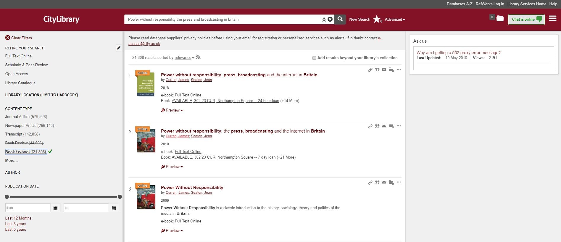 Screenshot of CityLibrary search results screen showing titles with an e-book available.