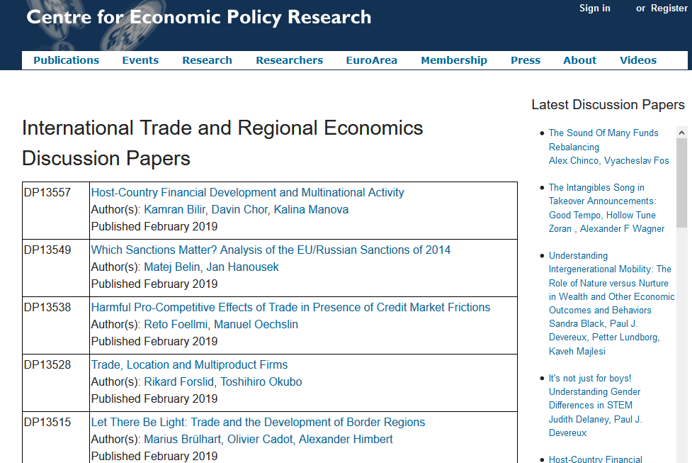 Screenshot of CEPR Discussion Papers
