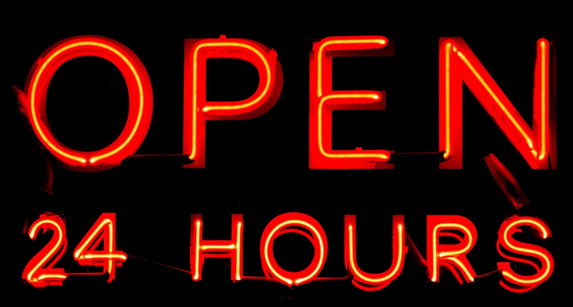 Open 24 hours graphic, red text on black background.