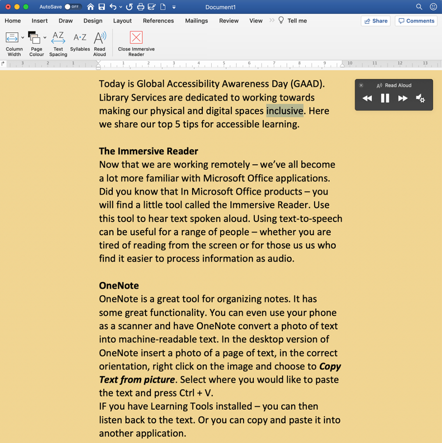 A Word document with Immersive Reader open. There is a read aloud audio control widget now on the page.