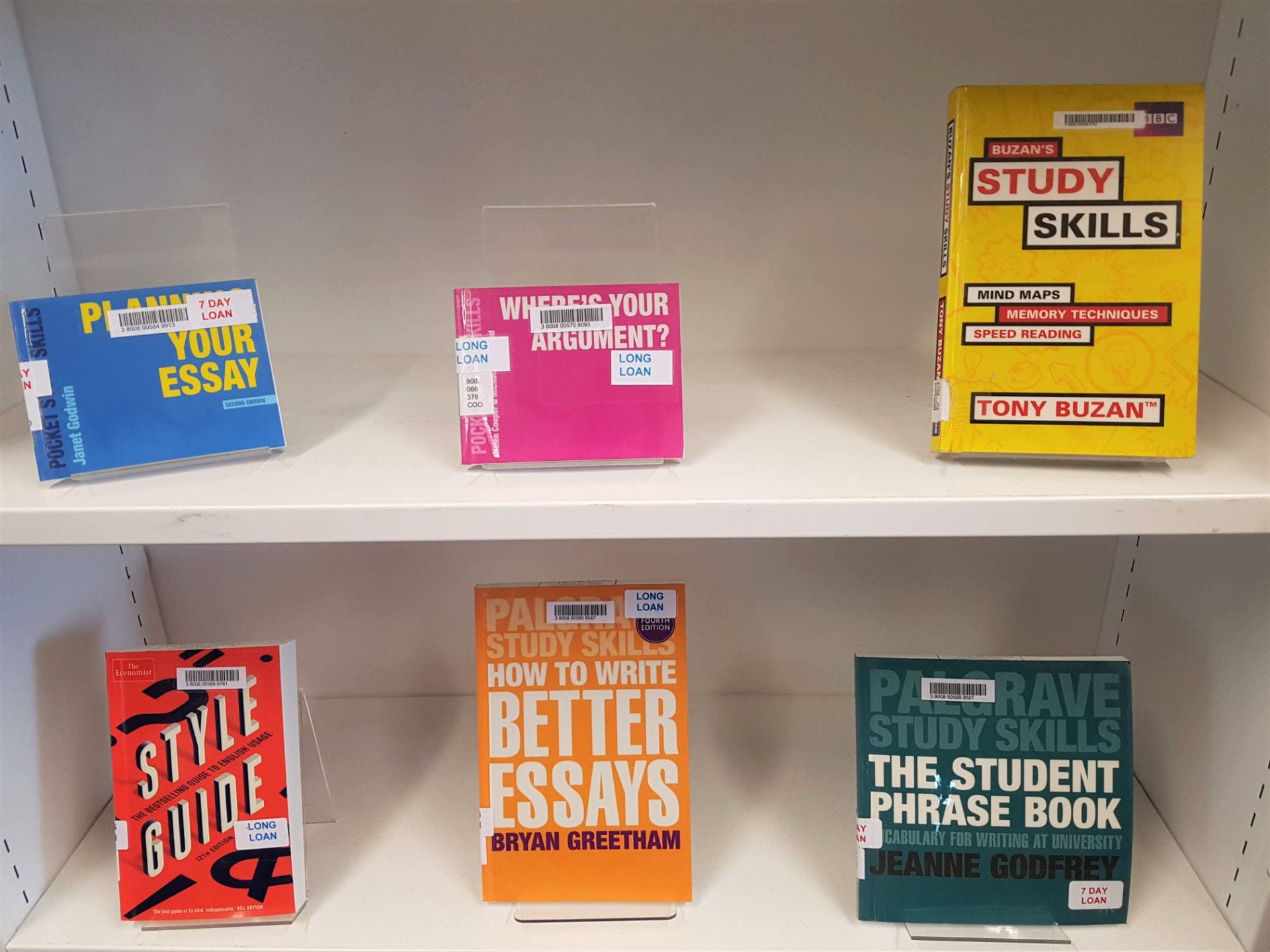 Books about study skills, on display shelves.