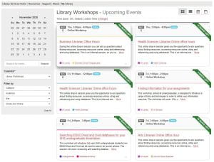 Screenshot of the Library Workshops calendar.
