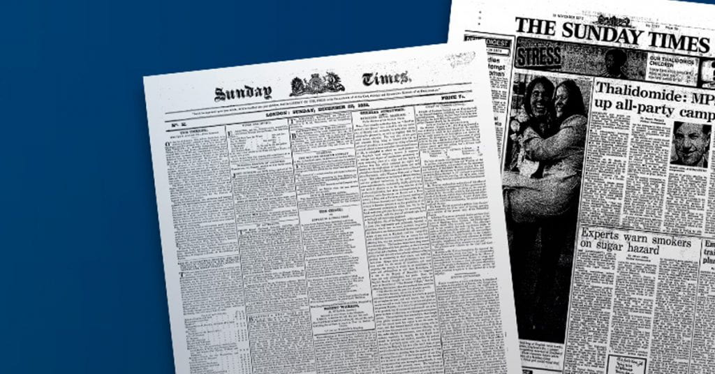 Two front pages from the Sunday Times Digital Archive.