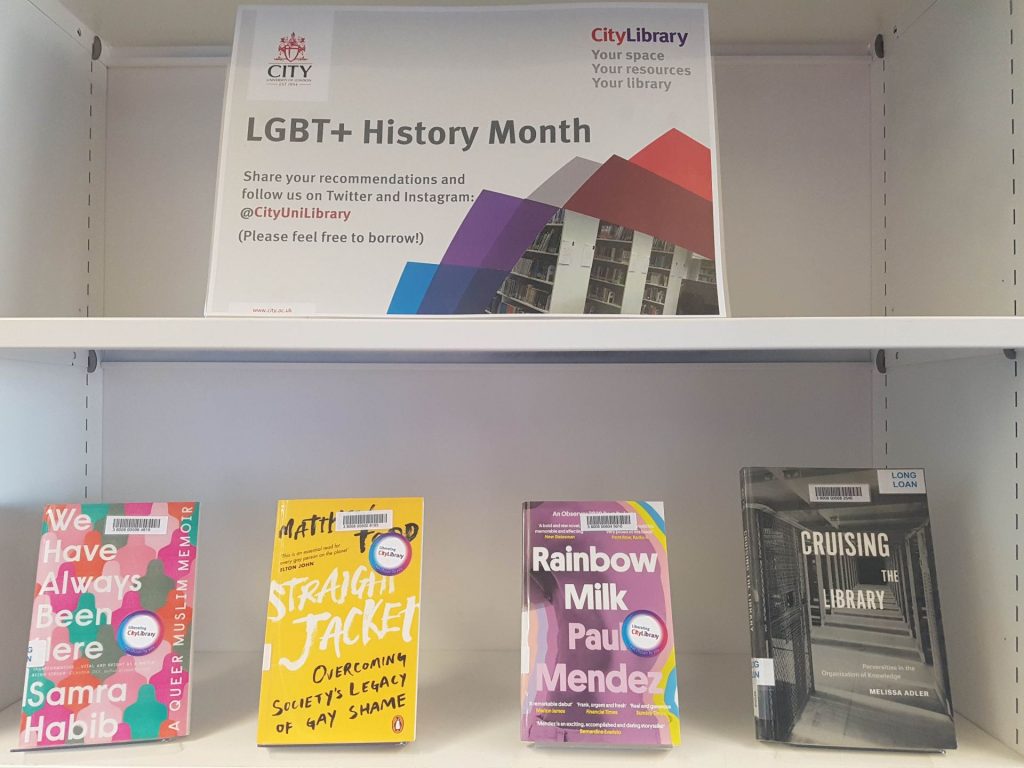 A photo of LGBT+ History Month's display of print books