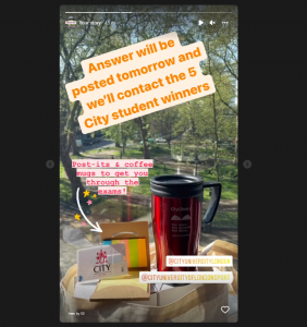Screenshot of Instagram Story showing a Library branded mug, USB and post-it notes.