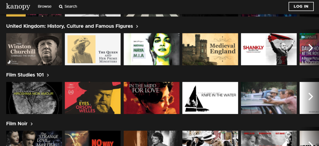 Screenshot of Kanopy listing films including 'In the mood for love'.