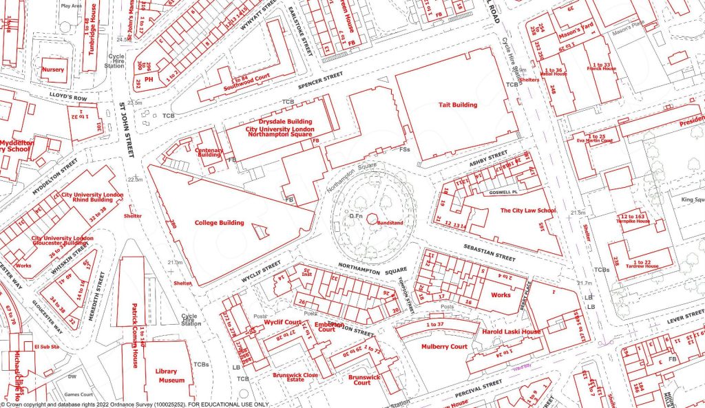 An OS map view of part of City, University of London, centred on Northampton Square.