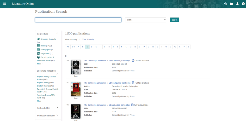 Screenshot of the Literature Online (LION) database.