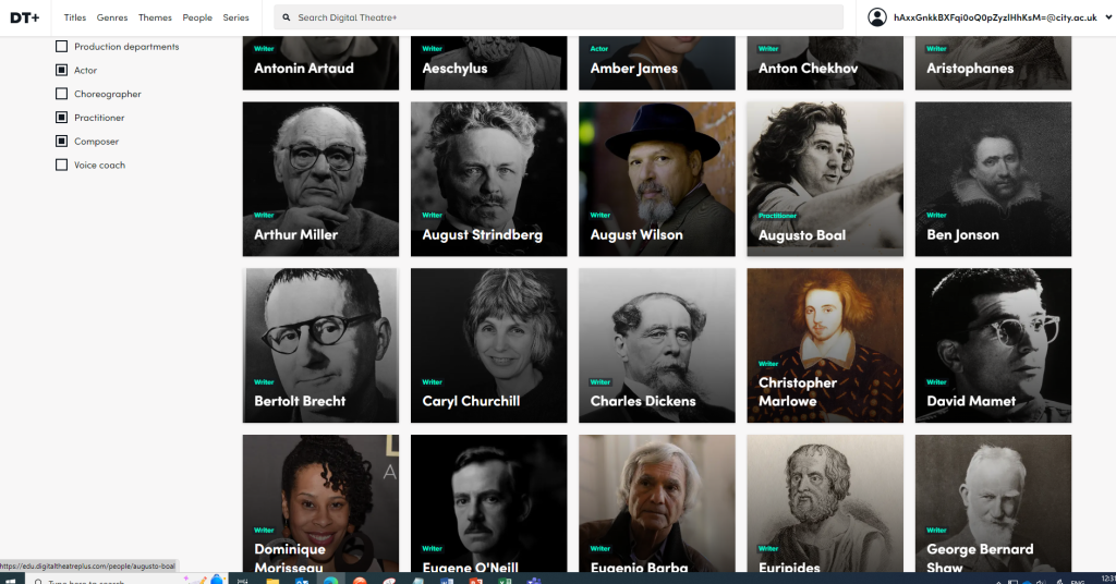 Screenshot showing some of the writers and performers featured on Digital Theatre Plus.
