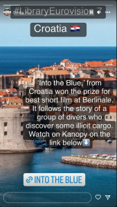 Screenshot from an instagram story: Croatia, film "Into the blue" won the best short film prize at Berlinale, you can watch it on Kanopy