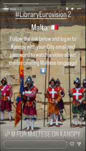 Screenshot from an instagram story: Malta. "M for Maltese" is a video on Kanopy about the fascinating Maltese language